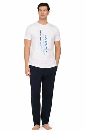 %100 Pamuk Penye Erkek Pijama Takım, Bisiklet Yakalı, Cep Detay