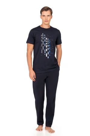 %100 Pamuk Penye Erkek Pijama Takım, Bisiklet Yakalı, Cep Detay