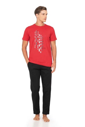 %100 Pamuk Penye Erkek Pijama Takım, Bisiklet Yakalı, Cep Detay