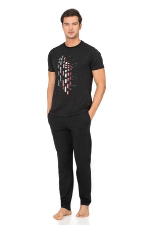 %100 Pamuk Penye Erkek Pijama Takım, Bisiklet Yakalı, Cep Detay