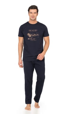 %100 Pamuk Baskılı Penye Erkek Pijama Takım, Bisiklet Yakalı, Cep Detay