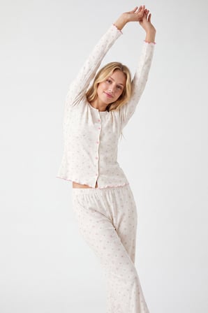 Kadın Ekru Düğmeli Uzunkol Pijama Takımı, %100 Pamuklu, Mevsimlik Pijama Takım