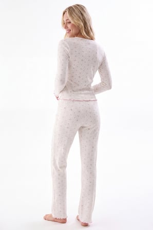 Kadın Ekru Düğmeli Uzunkol Pijama Takımı, %100 Pamuklu, Mevsimlik Pijama Takım