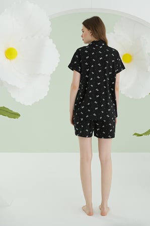 NBB %100 Pamuklu Kadın Siyah Düğmeli Şortlu Pijama Takımıı