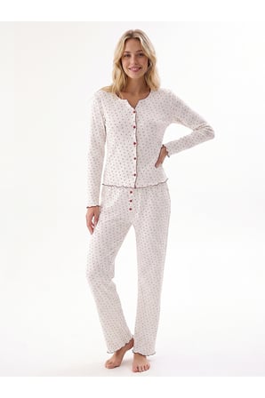 Kadın Düğmeli Mecsimlik Pijama Takım, %100 Pamuk
