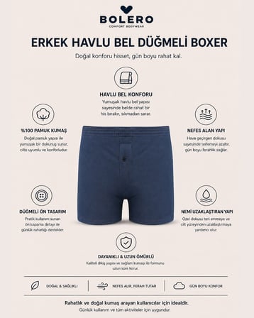 Erkek Lacivert %100 Pamuk Düğmeli Havlu Bel Boxer