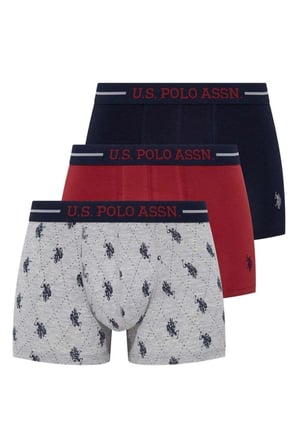 U.S. Polo Assn. Erkek 3'lü Paket Likralı Boxer, Lacivert Bordo Baskılı, %95 pamuk %5 elastan