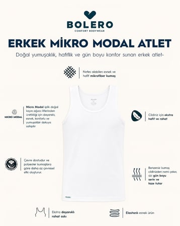 Erkek Beyaz Premium Micromodal Atlet Beyaz, %90 Micromodal, %10 Elastan