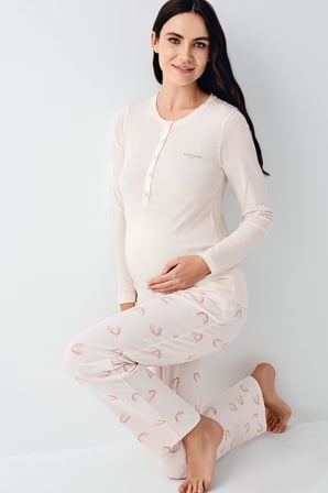 Kadın %50 Modal %50 Pamuklu Toz Pembe Lohusa Pijama Takım
