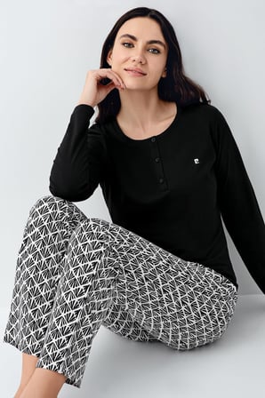 Kadın %50 Modal %50 Pamuklu Siyah Mevsimlik Düğmeli Yaka Pijama Takım, Cep Detaylı