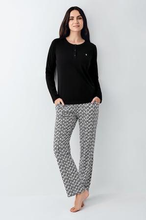 Kadın %50 Modal %50 Pamuklu Siyah Mevsimlik Düğmeli Yaka Pijama Takım, Cep Detaylı