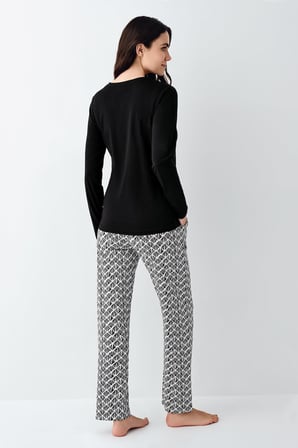 Kadın %50 Modal %50 Pamuklu Siyah Mevsimlik Düğmeli Yaka Pijama Takım, Cep Detaylı