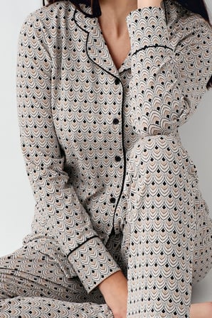 Kadın Desenli Gömlek Yaka Uzunkol Mevsimlik Pijama Takım, %50 pamuk %50 modal