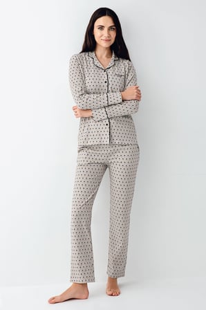 Kadın Desenli Gömlek Yaka Uzunkol Mevsimlik Pijama Takım, %50 pamuk %50 modal