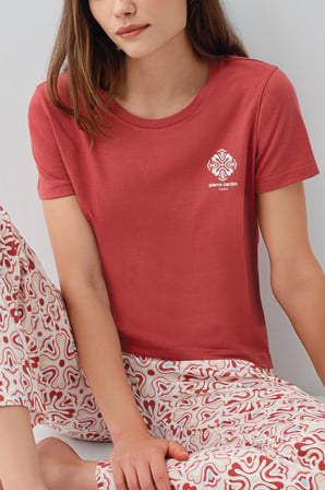 Kadın Yazlık Bordo %50 Pamuk %50 Modal Pijama Takımı – Kısa Kollu Bisiklet Yaka Üst ve Desenli Uzun Alt, Rahat Kesim