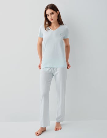 Kadın Yazlık Modal Pijama Takım - V Yaka, Kısakol, Cepli,  %50 Pamuk %50 Modal