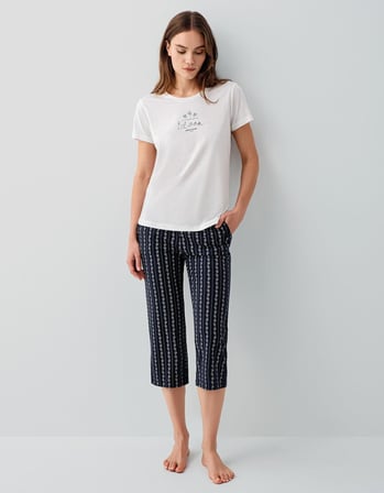 Pierre Cardin Kadın Çizgili Cepli Kapri Pijama Takımı %50 Pamuk %50 Modal – Kısa Kollu Tişört, Rahat Kesim