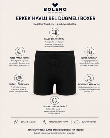 Erkek Siyah %100 Pamuk Düğmeli Havlu Bel Boxer