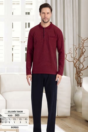 Erkek %100 Pamuk Bordo Polo Yaka Selanik Dokuma Kalın Kışlık Pijama Takım