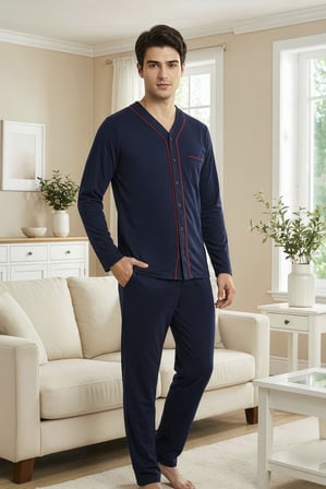 Erkek Lacivert Boydan Düğmeli Pijama Takım, %100 Pamuk, Hastane Pijaması