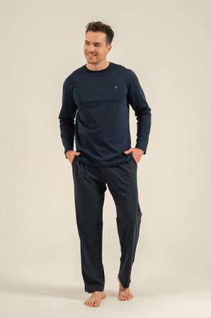 Erkek Lacivert %100 Pamuklu Pijama Takım, Bisiklet Yakalı, Cep Detaylı