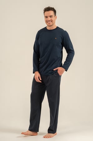 Erkek Lacivert %100 Pamuklu Pijama Takım, Bisiklet Yakalı, Cep Detaylı