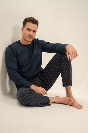 Erkek Lacivert %100 Pamuklu Pijama Takım, Bisiklet Yakalı, Cep Detaylı