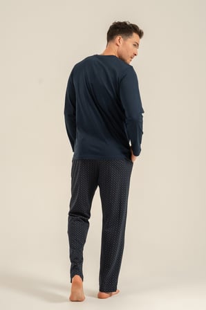 Erkek Lacivert %100 Pamuklu Pijama Takım, Bisiklet Yakalı, Cep Detaylı