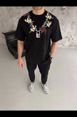 Erkek Baskılı T-Shirt Kısa Kol Bisiklet Yaka Regular Fit Rahat Tişört - Siyah