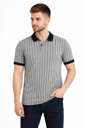 Erkek Polo Yaka Çizgili Tişört Kısa Kol Düğmeli Yazlık T-Shirt - Gri