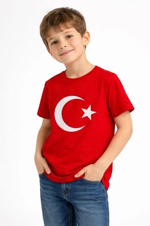 Erkek Çocuk Tişört Bisiklet Yaka Ay Yıldız Bayrak Baskılı T-Shirt - Kırmızı
