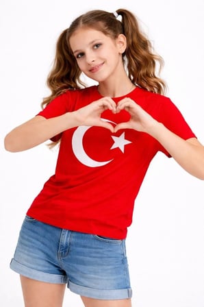 Kız Çocuk Tişört Bisiklet Yaka Ay Yıldız Bayrak Baskılı T-Shirt - Kırmızı
