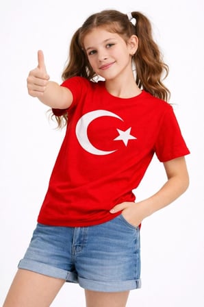 Kız Çocuk Tişört Bisiklet Yaka Ay Yıldız Bayrak Baskılı T-Shirt - Kırmızı
