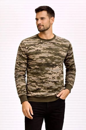 Erkek Kamuflaj Desenli 2 İplik 4 Mevsim Uzun Kollu Bisiklet Yaka Sweatshirt - Kamuflaj