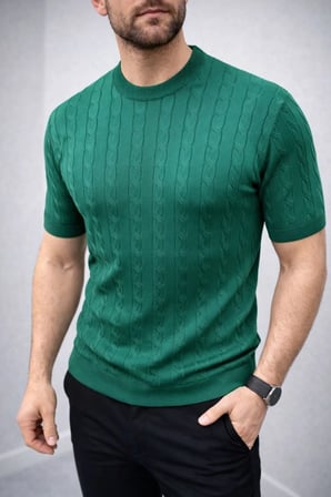 Erkek Yazlık Triko Dokuma Tişört Kısa Kol Bisiklet Yaka Örgü Desenli T-Shirt - Haki