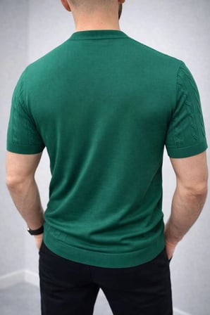 Erkek Yazlık Triko Dokuma Tişört Kısa Kol Bisiklet Yaka Örgü Desenli T-Shirt - Haki