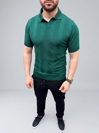 Erkek Yazlık Triko Dokuma Tişört Kısa Kol Polo Yaka T-Shirt - Koyu Yeşil