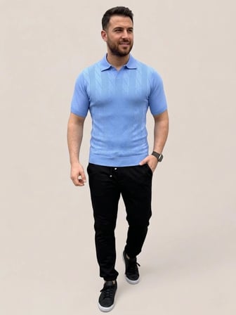 Erkek Yazlık Triko Dokuma Tişört Kısa Kol Polo Yaka T-Shirt - Bebek Mavisi