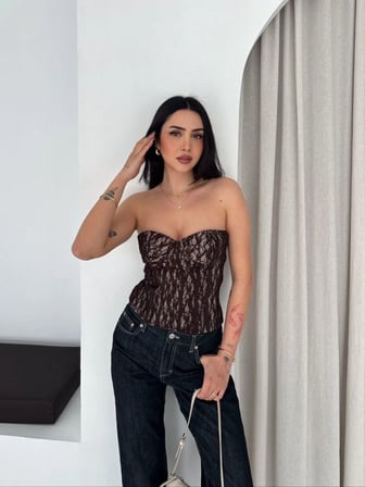 Kadın Fermuarlı Dantel Korse Straplez Bustiyer Transparan Şık Top - Kahverengi