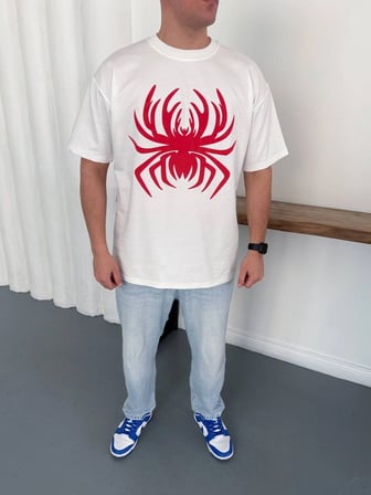 Erkek Örümcek Baskılı Tişört Kısa Kollu Bisiklet Yaka T-Shirt - Beyaz