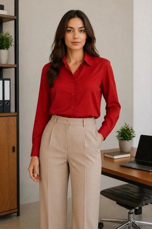Kadın Uzun Kol Gömlek Düğmeli Klasik Yaka Günlük ve Ofis Şıklığına uygun - Kırmızı