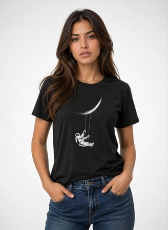 Kadın Astronot Ay Temalı Tişört Kısa Kol Yazlık Bisiklet Yaka T-Shirt - Siyah