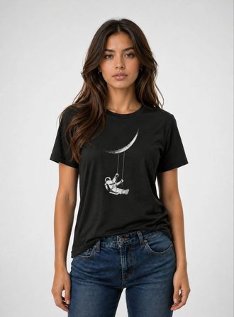 Kadın Astronot Ay Temalı Tişört Kısa Kol Yazlık Bisiklet Yaka T-Shirt - Siyah