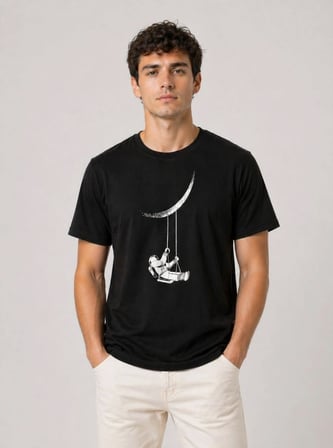 Erkek Astronot Ay Temalı Tişört Kısa Kol Yazlık Bisiklet Yaka T-Shirt - Siyah