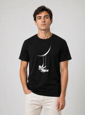 Erkek Astronot Ay Temalı Tişört Kısa Kol Yazlık Bisiklet Yaka T-Shirt - Siyah