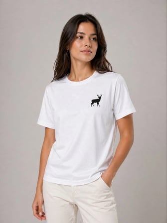 Kadın Minimal Geyik Logolu Tişört Bisiklet Yaka Kısa kol Yazlık T-Shirt - Beyaz