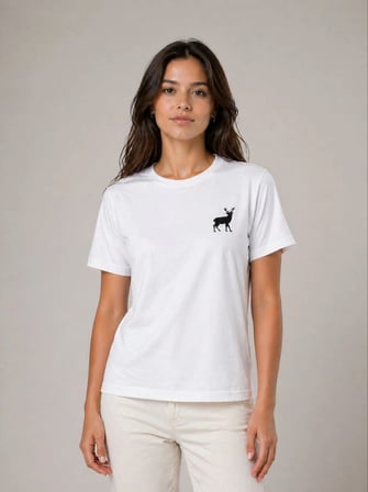 Kadın Minimal Geyik Logolu Tişört Bisiklet Yaka Kısa kol Yazlık T-Shirt - Beyaz