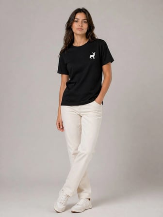 Kadın Minimal Geyik Logolu Tişört Bisiklet Yaka Kısa kol Yazlık T-Shirt - Siyah