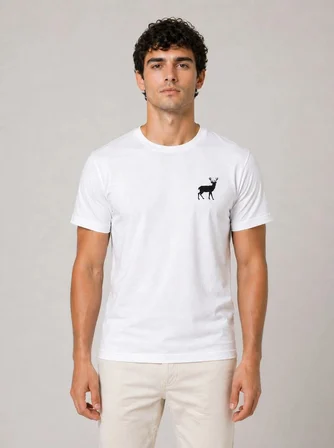 Erkek Minimal Geyik Logolu Tişört Bisiklet Yaka Kısa kol Yazlık T-Shirt - Beyaz