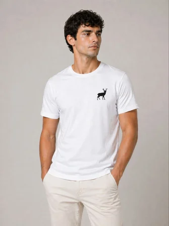 Erkek Minimal Geyik Logolu Tişört Bisiklet Yaka Kısa kol Yazlık T-Shirt - Beyaz